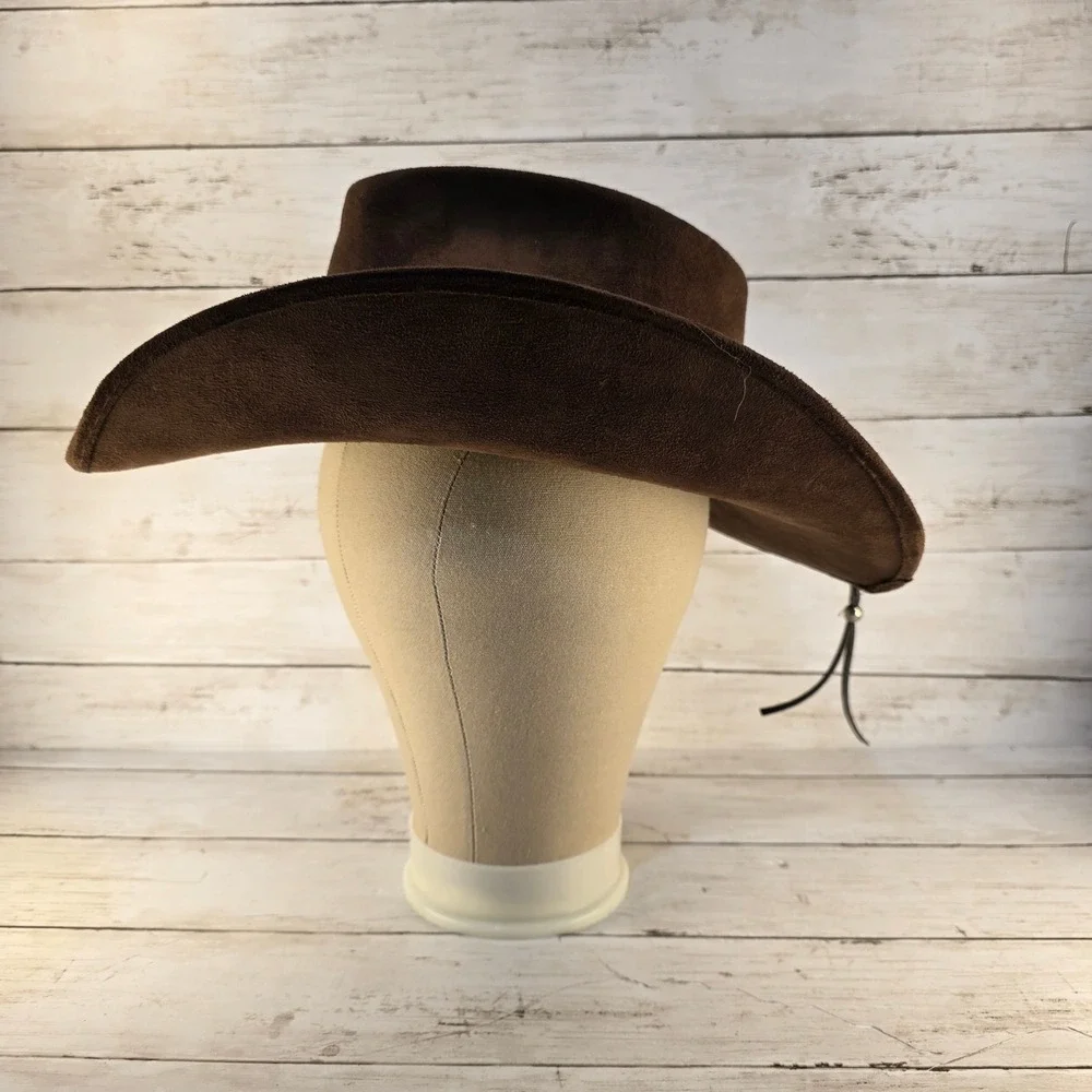 Run A Muck Brown Faux Suede Cowboy Hat Western Concho Beaded Drawstring Hat